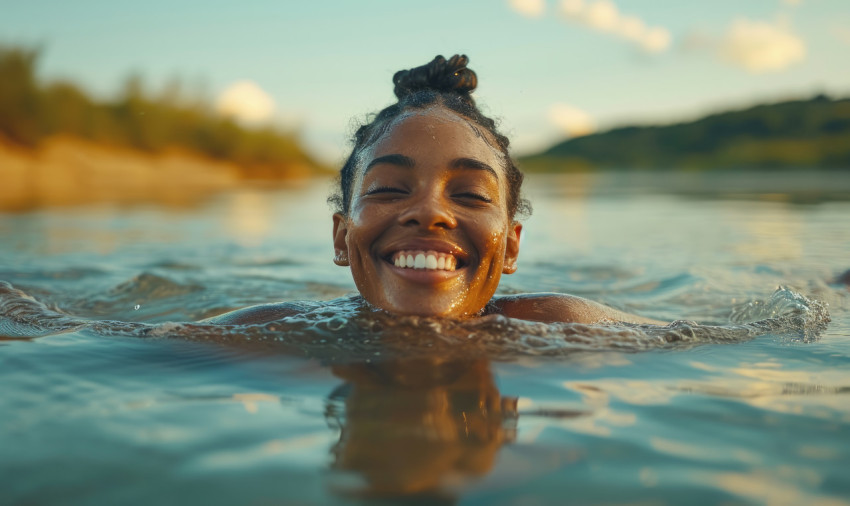 Happy woman swimming joyfully in the lake enjoying the refreshing water