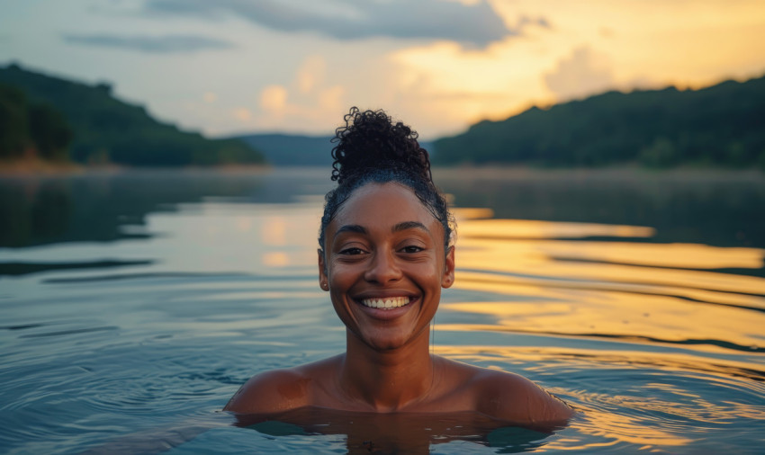 Woman joyfully swims in the lake