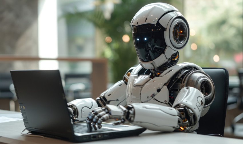 Robot using laptop at work in an office