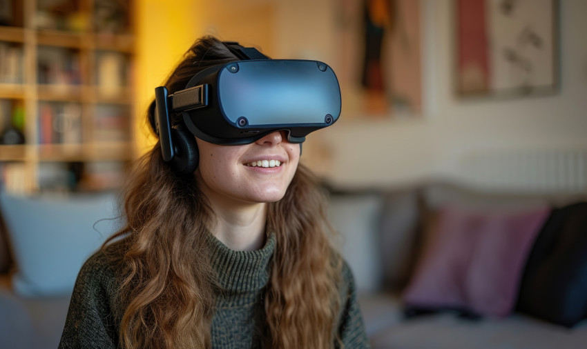 Woman enjoying virtual reality headset at home