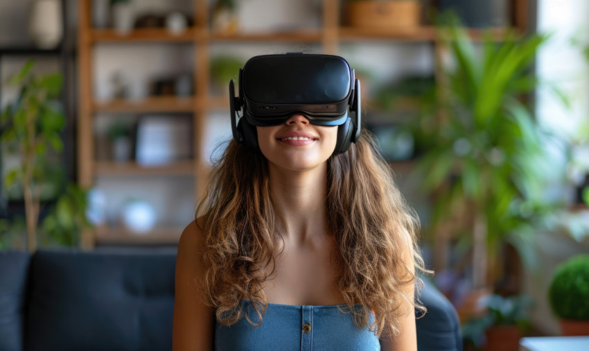 A woman enjoys virtual reality at home with a headset on