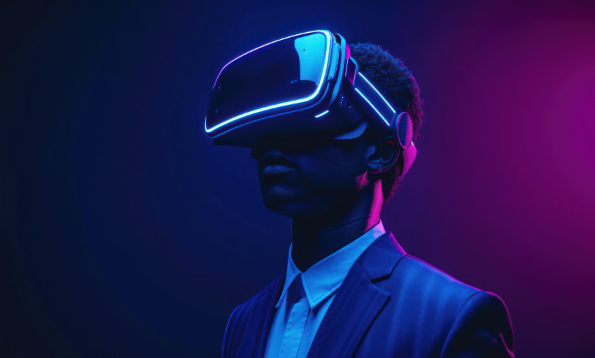 A man in a business suit immersed in virtual reality using VR glasses for an interactive experience