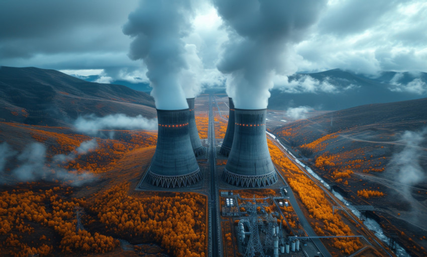 High tech nuclear power towers emitting steam