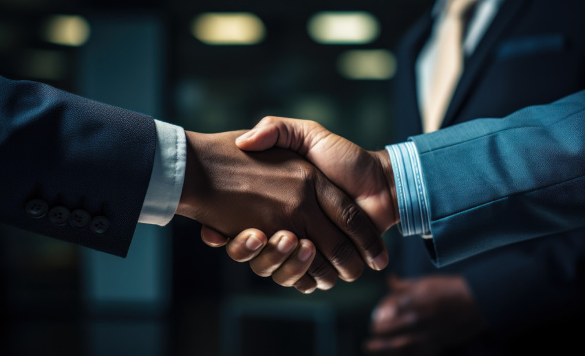 Two businesspeople shake hands sealing a deal in an office setting