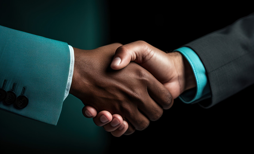 Two business people shake hands in front of a wall