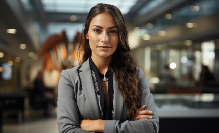 Professional business woman standing confidently with arms crossed