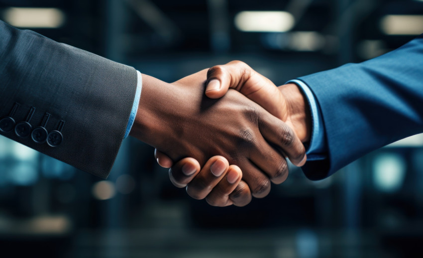 Two business partners sealing a deal with a handshake in an office setting