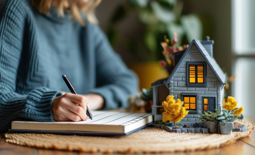 Woman writing on notebook beside toy house model