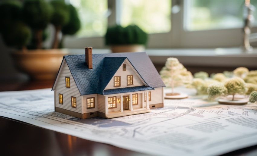 A model home placed atop bank documents signifying a successful real estate deal and a secure investment