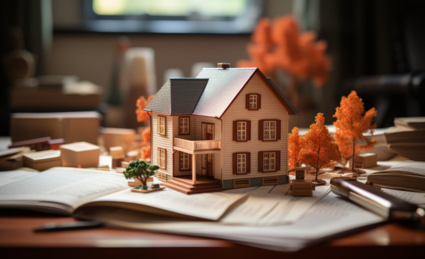 House model on desktop surrounded by money and books