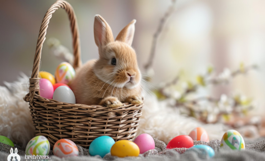 Cute bunny sitting in basket with colorful eggs