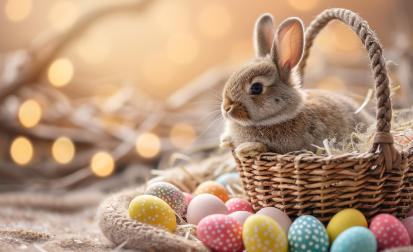 Adorable bunny sits in a basket with vibrant colored eggs