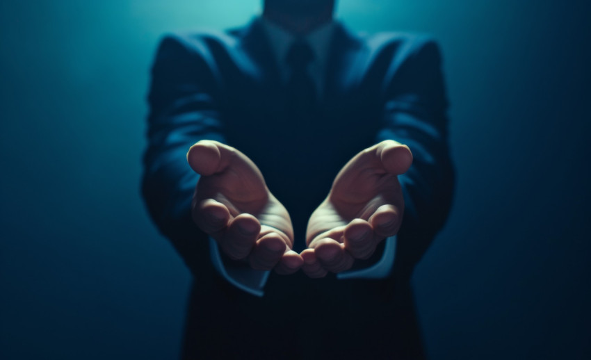 A man in a business setting displaying open hands on a dark blue background