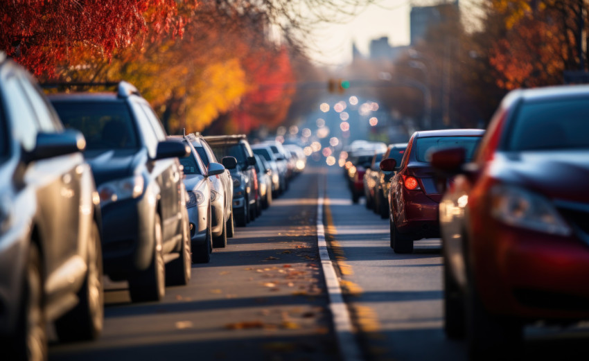 Public road with a traffic jam cars stuck slow movement