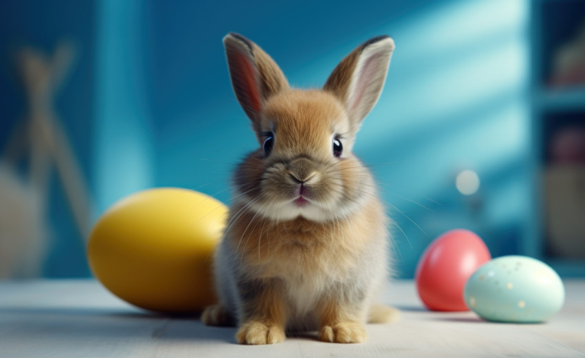 Cute rabbit playing with a ball on a blue background