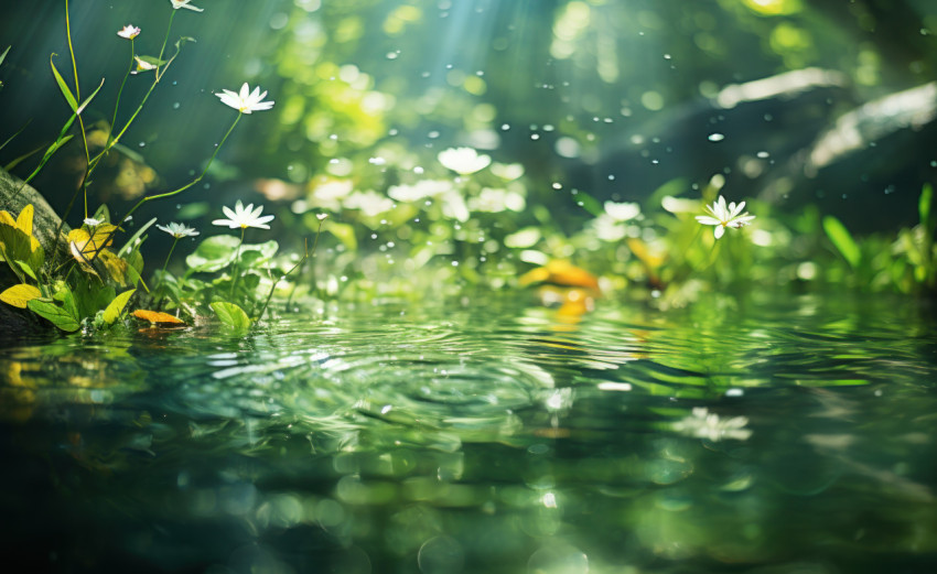 Serene open waterscape featuring clear water and soft green bokeh