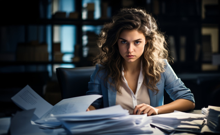 A woman sits at her desk engrossed in paperwork showcasing dedication and concentration in her work