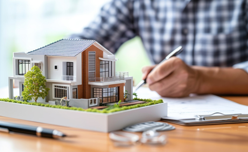 Person holding pen signs over house model