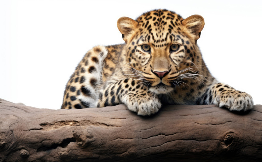 Leopard sitting on branch against a white background