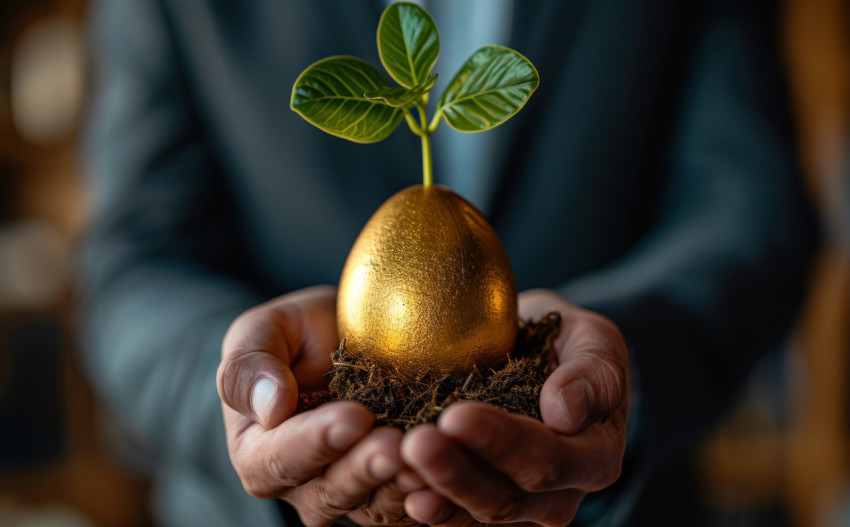 Businessman holding a golden egg with plant symbolizing growth and success