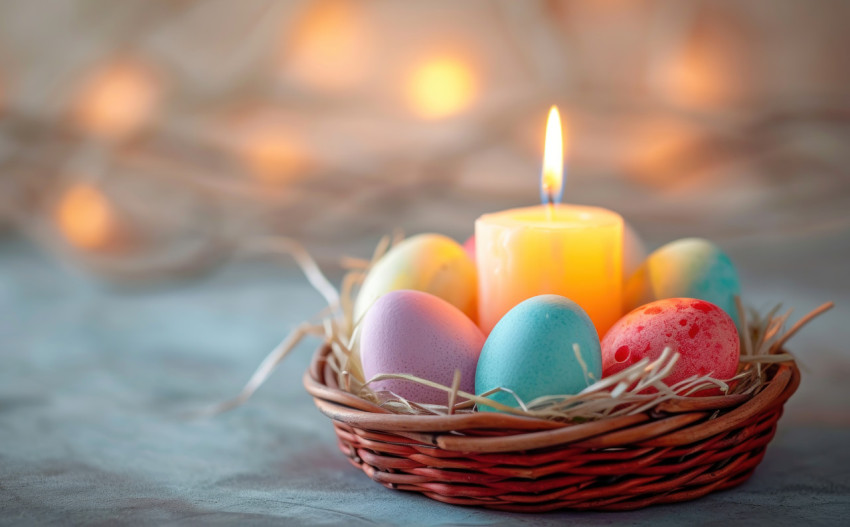 Small basket of colored eggs with a lit candle