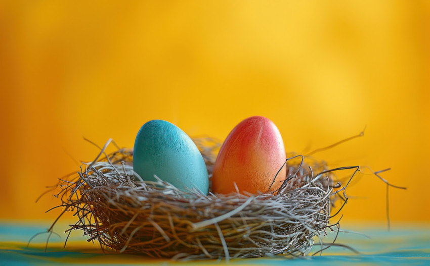 Nest with two colorful eggs