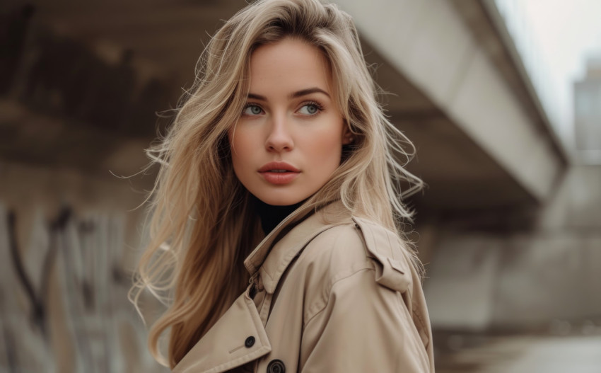 Confident woman in trench coat posing outdoors