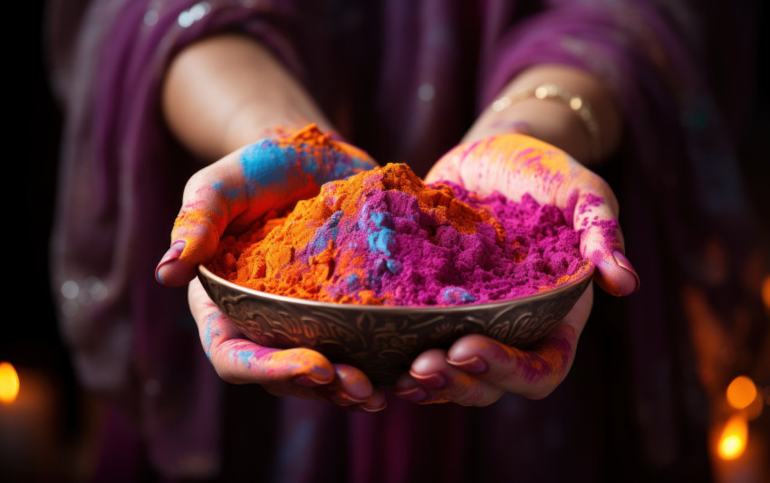 Woman hand holding a holi colored powder bowl