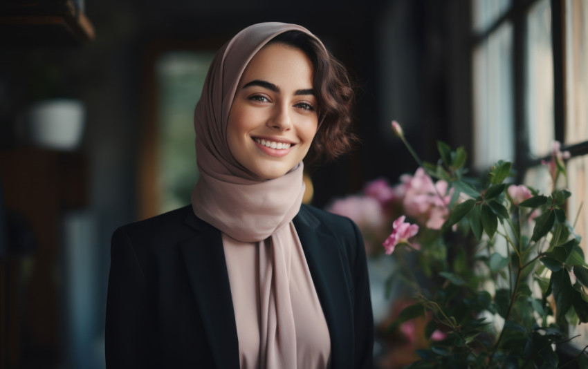 A confident smiling muslim businesswoman stands in the office