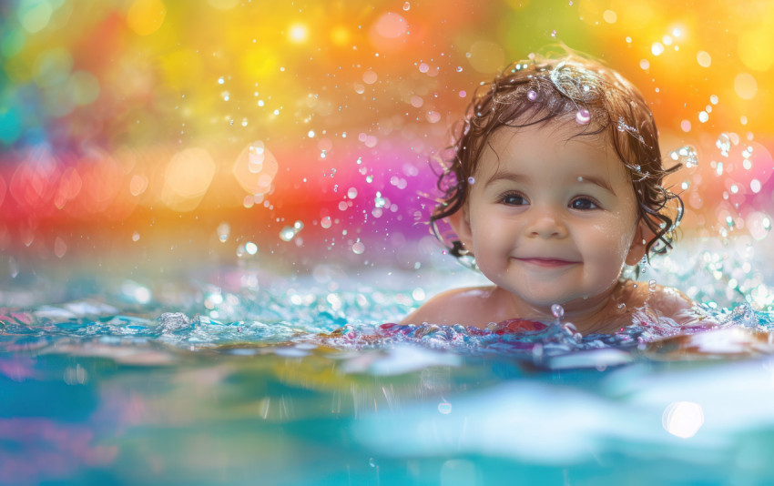 Happy toddler playing joyfully in the pool