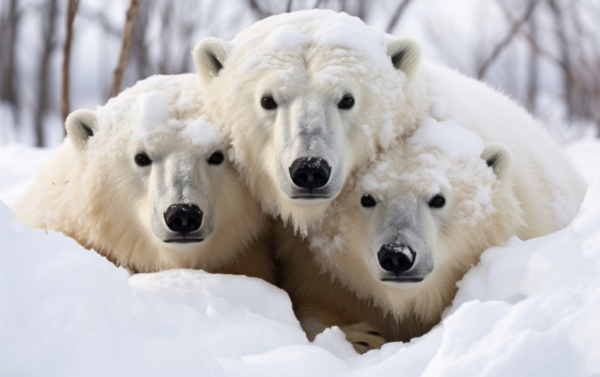 Three female polar bears sitting gracefully in the snow