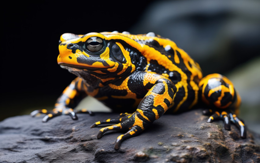 A frog with yellow and black colors perched on a rock