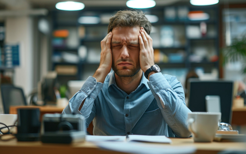 A businessman in the office with a headache