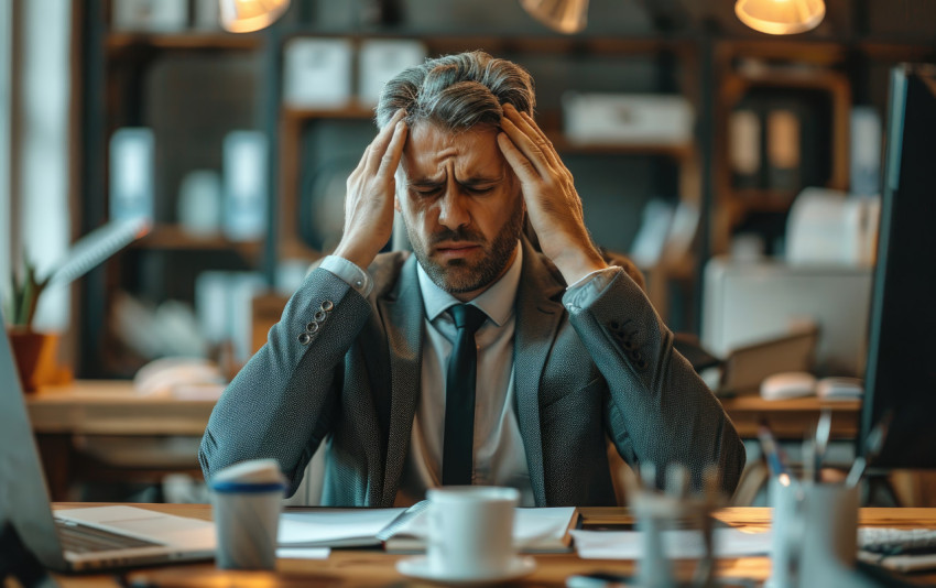 Stressed businessman at office desk experiencing head pain