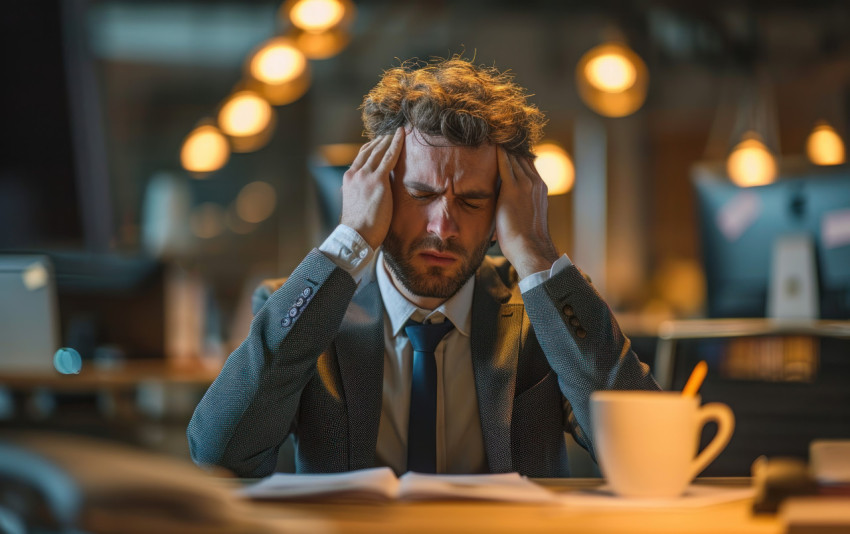 Businessman at office experiencing head pain