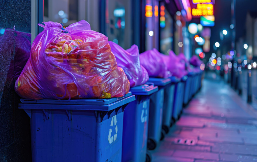 Blue bins with trash bags on a city street