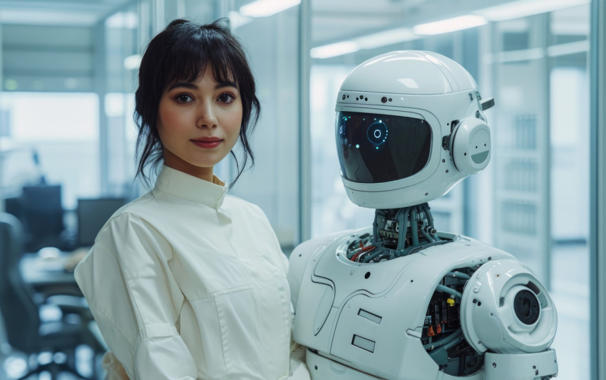 Woman stands beside an ai robot exploring future tech