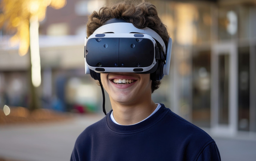 A young man happily experiencing virtual reality headset