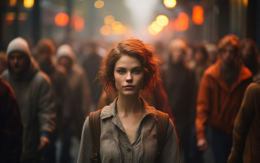 Woman walks through bustling street crowd