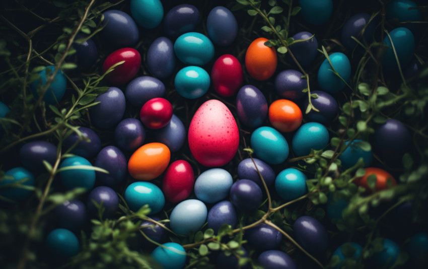 Colorful easter eggs placed at the grass covered with more egg