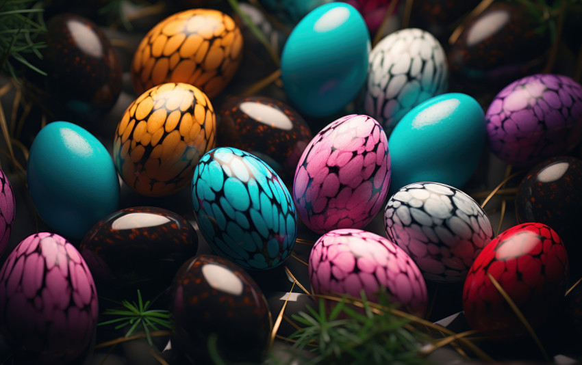 Colorful easter eggs placed at the end of grass