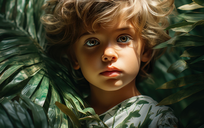 Child portrait framed by vibrant green and white palm leaves