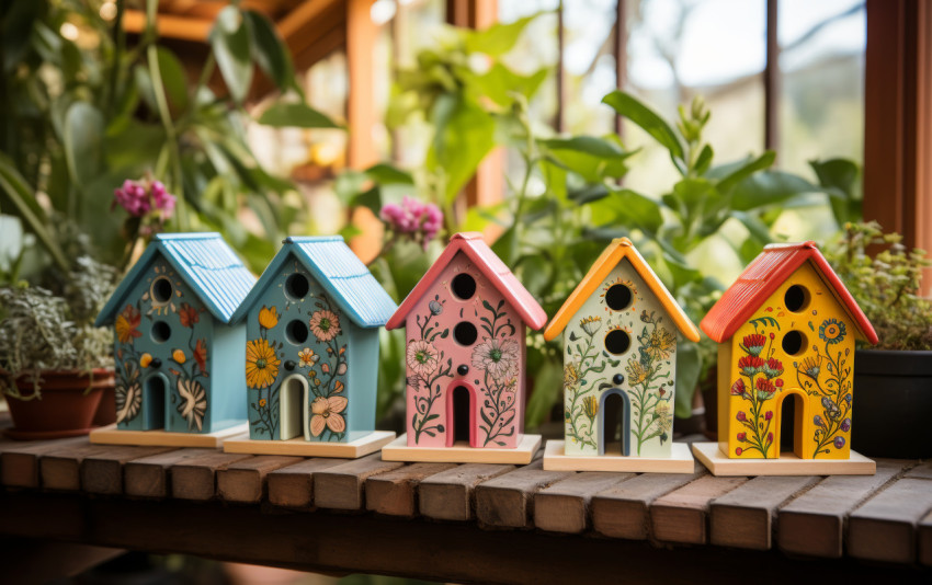 Colorful birdhouses perched on steps in a garden