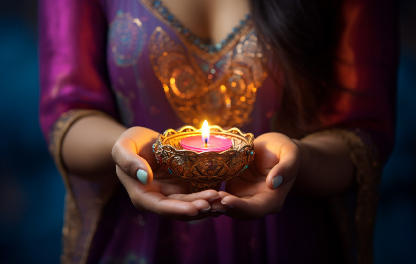 a beautiful woman holds a small diya in her hand