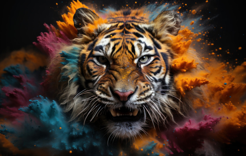 Tiger amidst vibrant powders on dark canvas