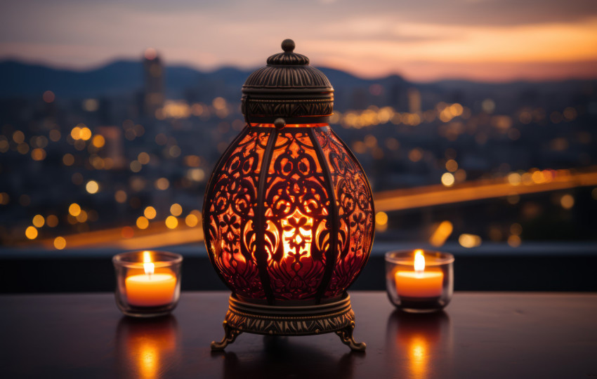 Illuminated oval lantern stands out against the city skyline