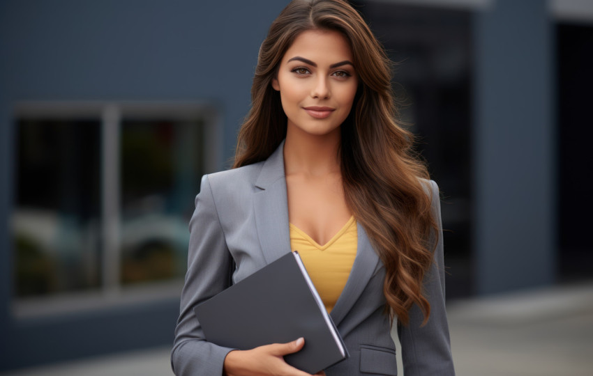 Young female businesswoman holding folder against grey background