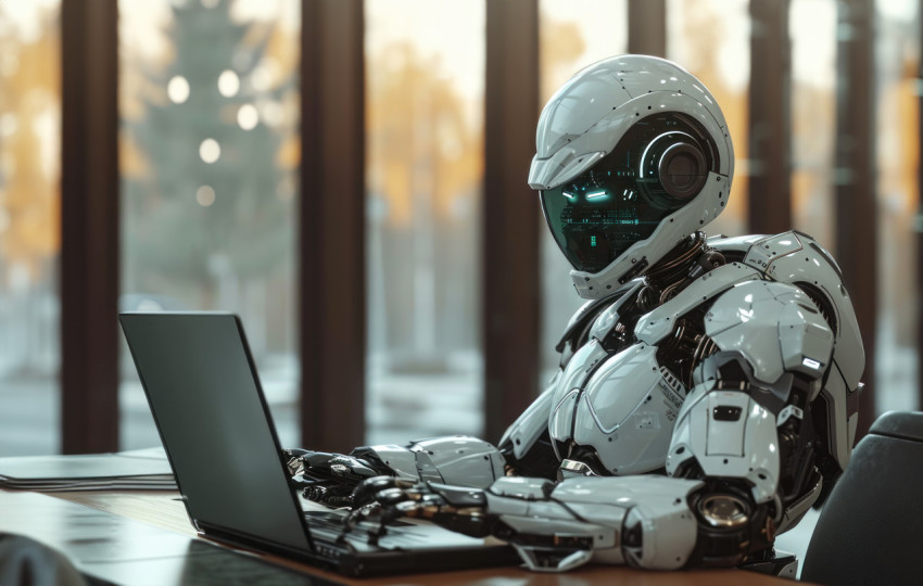 Robot working on a desk with a laptop