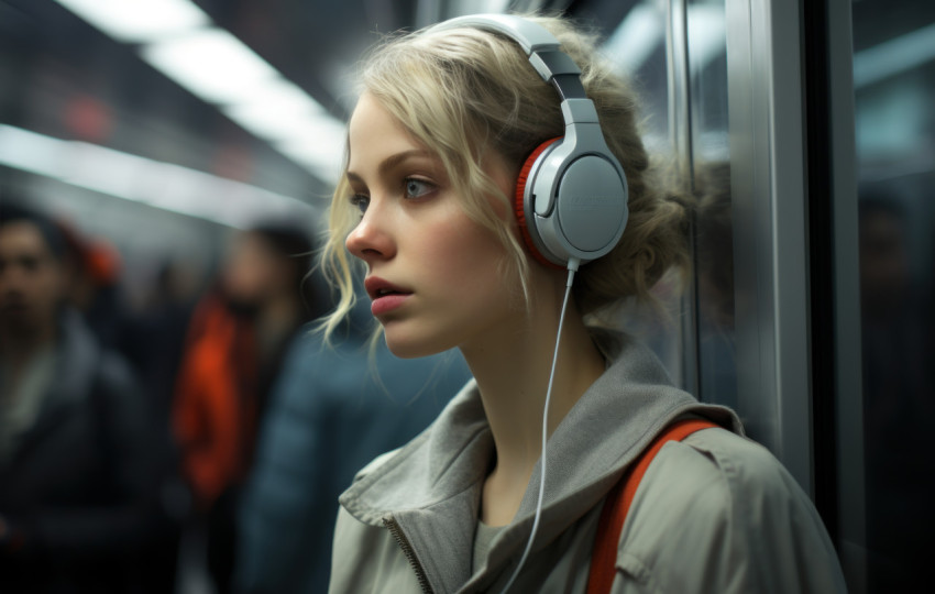 A  woman wearing headphones gazes at her reflection