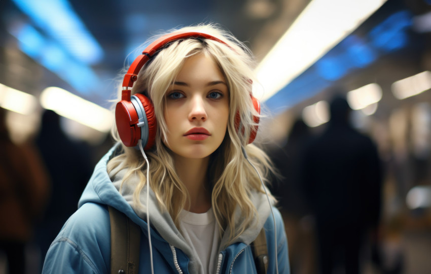 Young woman with headphones at underground station